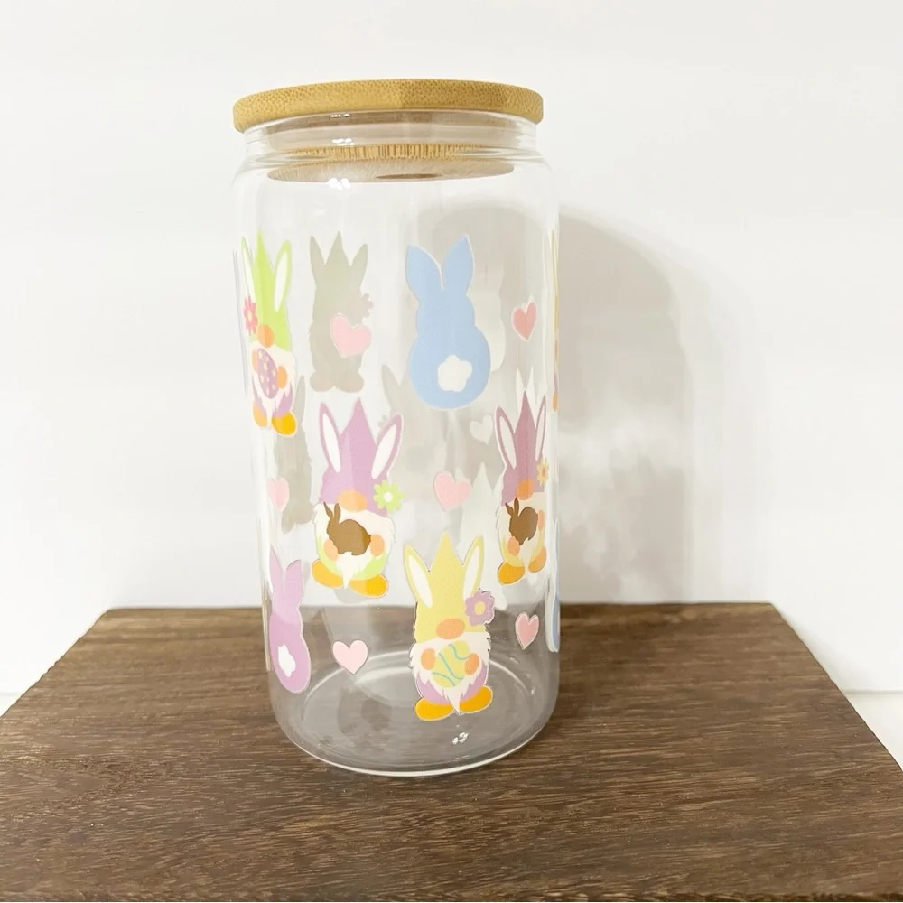 Bunny and Gnome Print Libbey Glass Can with Bamboo Lid and Straw